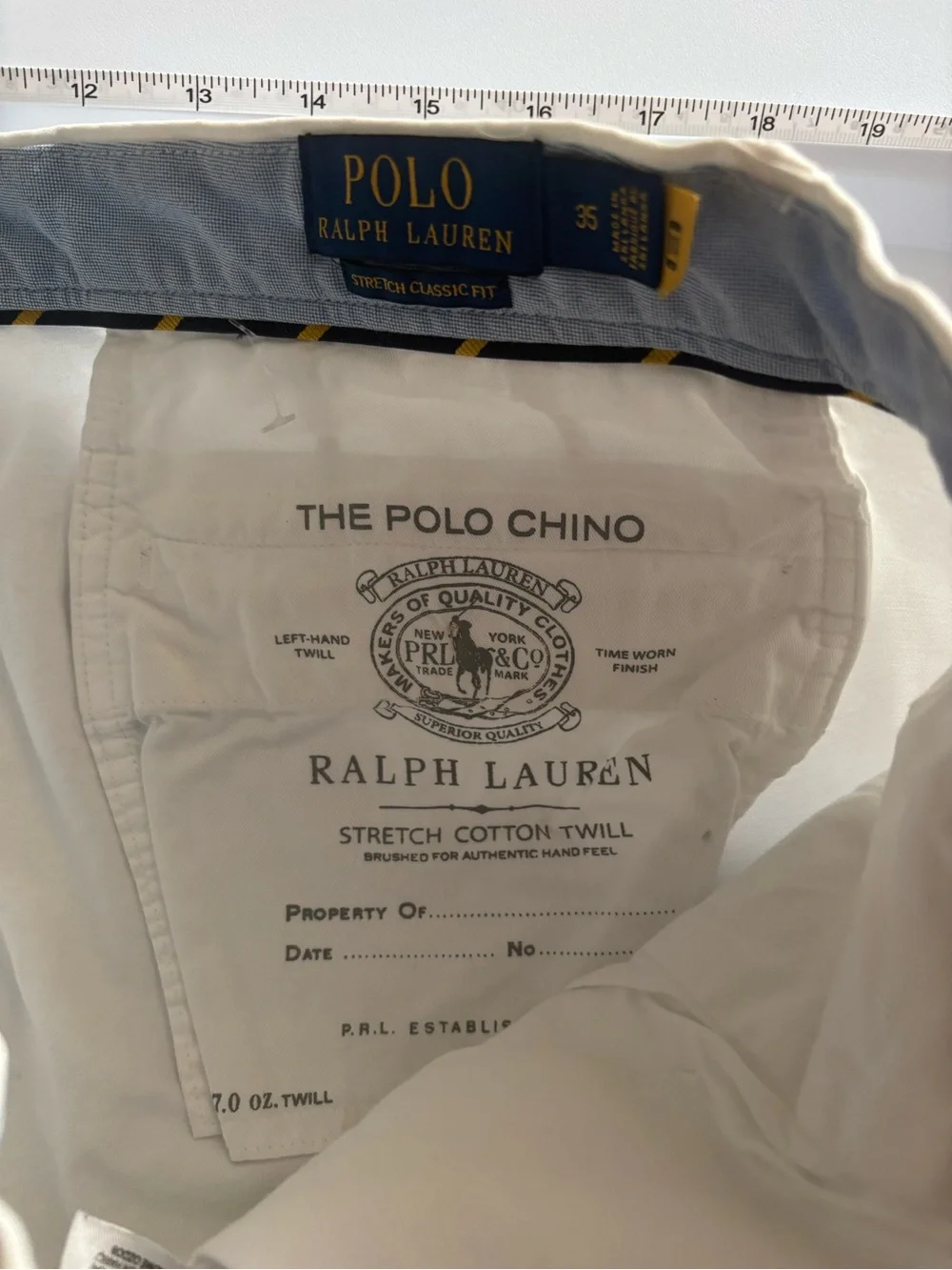 Ralph Lauren White Cotton Twill Chino Shorts Flat Front Stretch Classic Fit 35